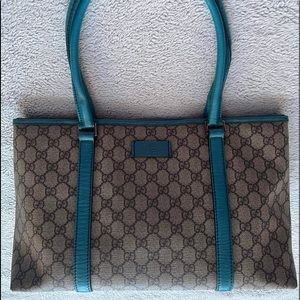 AUTHENTIC GUCCI BLUE COATED LEATHER Gg SUPREME TOTE BAG